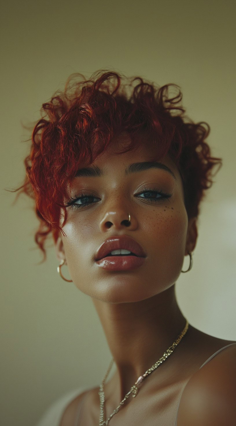 Front-facing view of a woman with a red curly pixie cut featuring soft bangs.