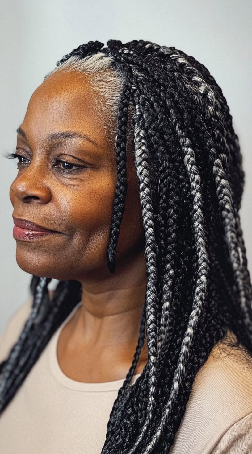 This image shows a woman with long box braids featuring salt-and-pepper tones.