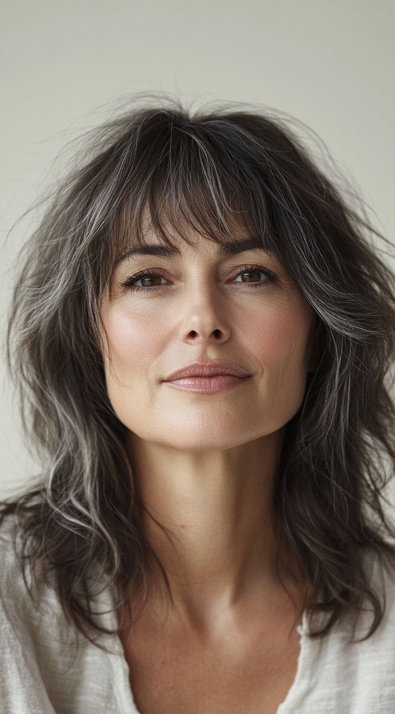 A portrait view of a shaggy bob with dark brown hair and silver accents framing the face.