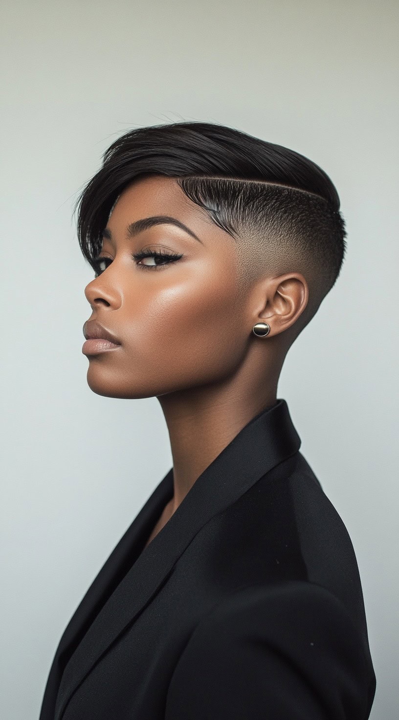 Side profile view of a woman with a sharp undercut pixie featuring a deep side part and sleek top.