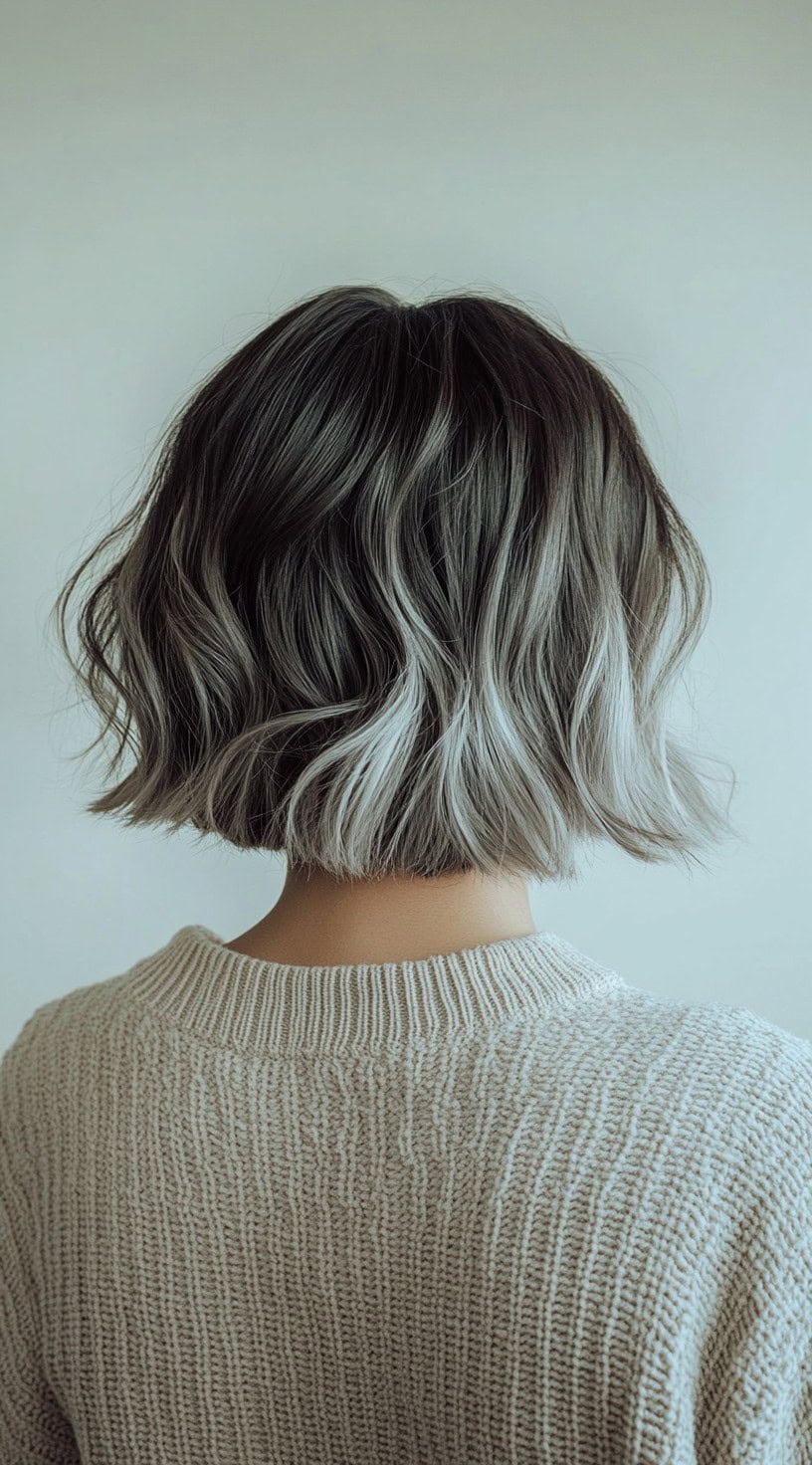 A back view of a short brown bob with platinum silver highlights concentrated on the ends.