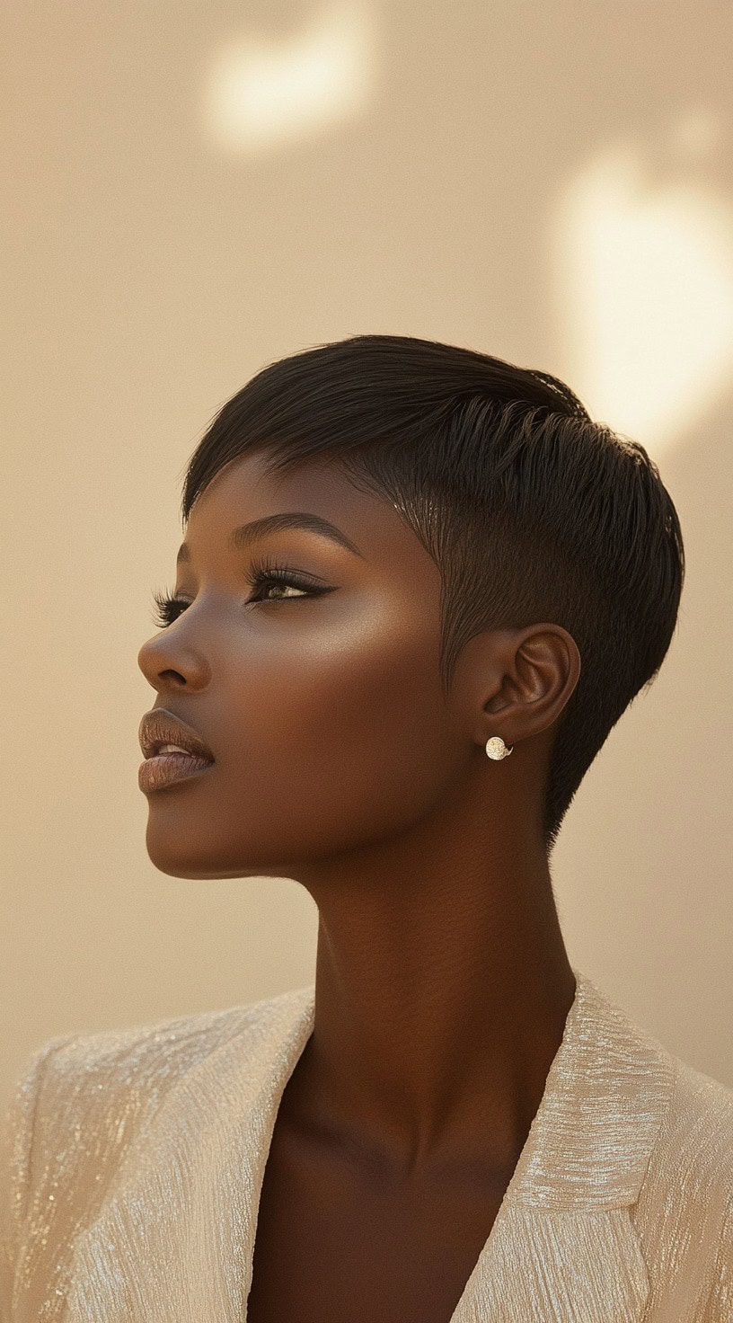 Side profile view of a woman with a short, tapered pixie cut and defined lines.