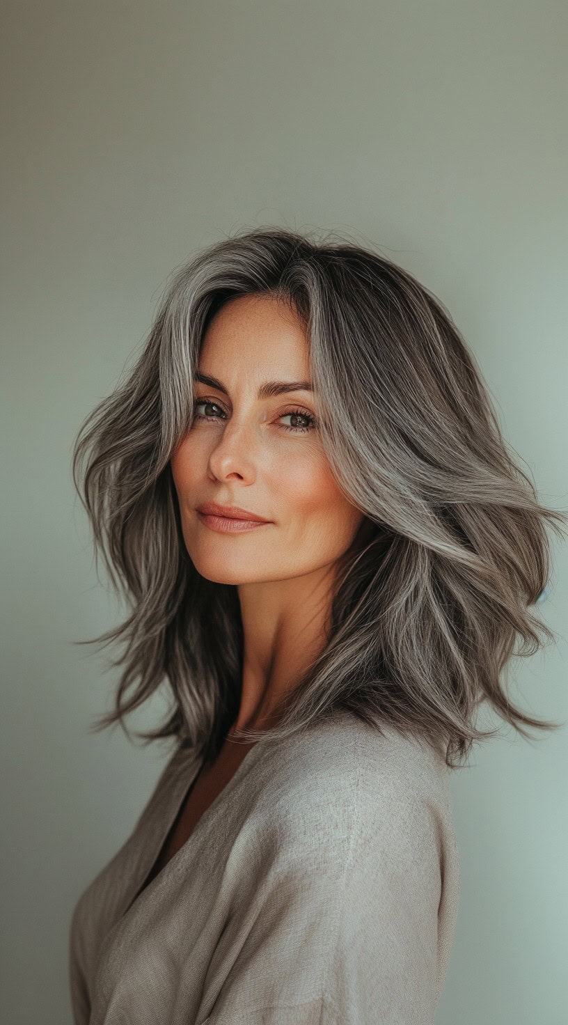 A portrait view of shoulder-length silver waves with natural dark roots blending into the length.