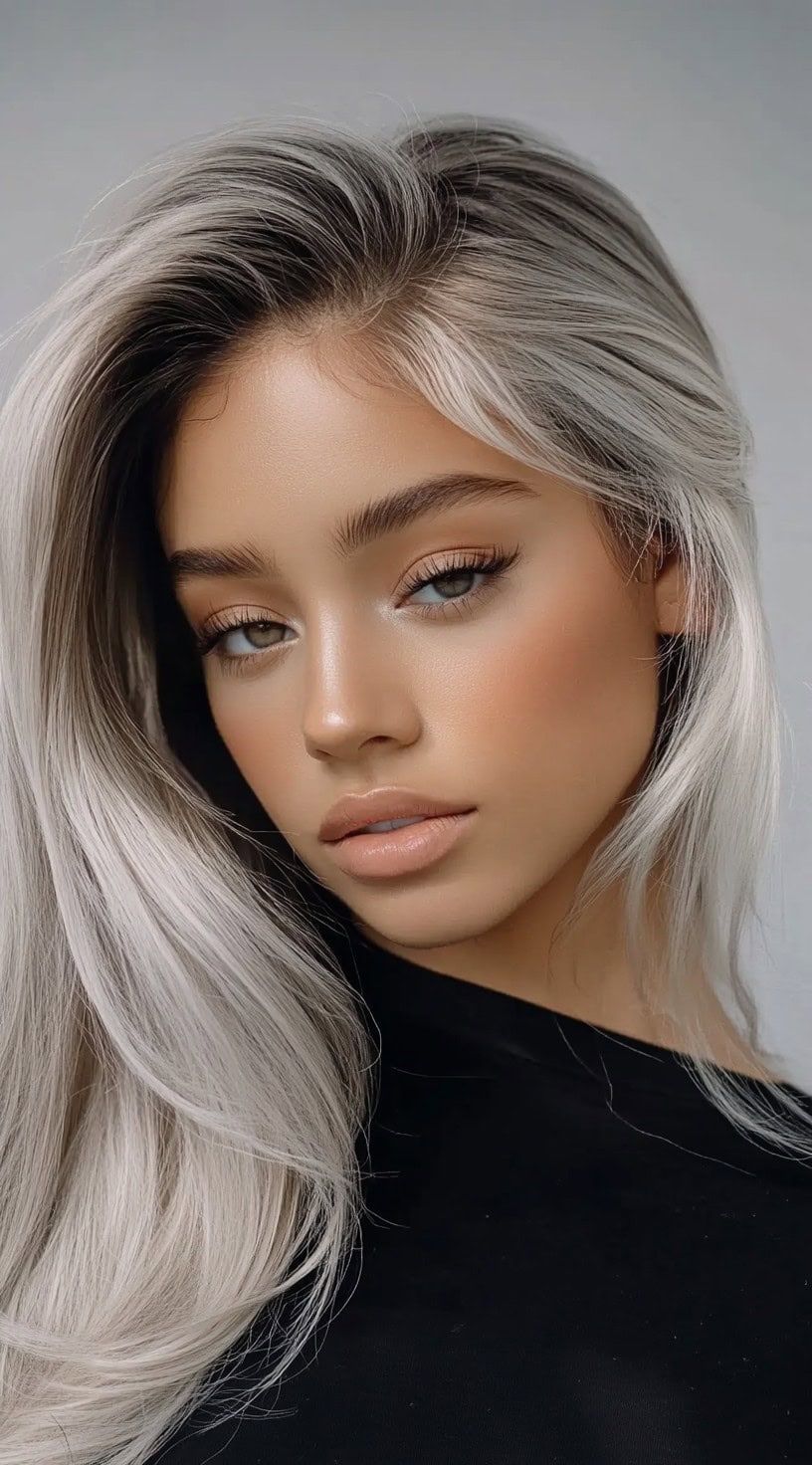 Close-up of a woman with silver ash straight hair styled in a deep side part.