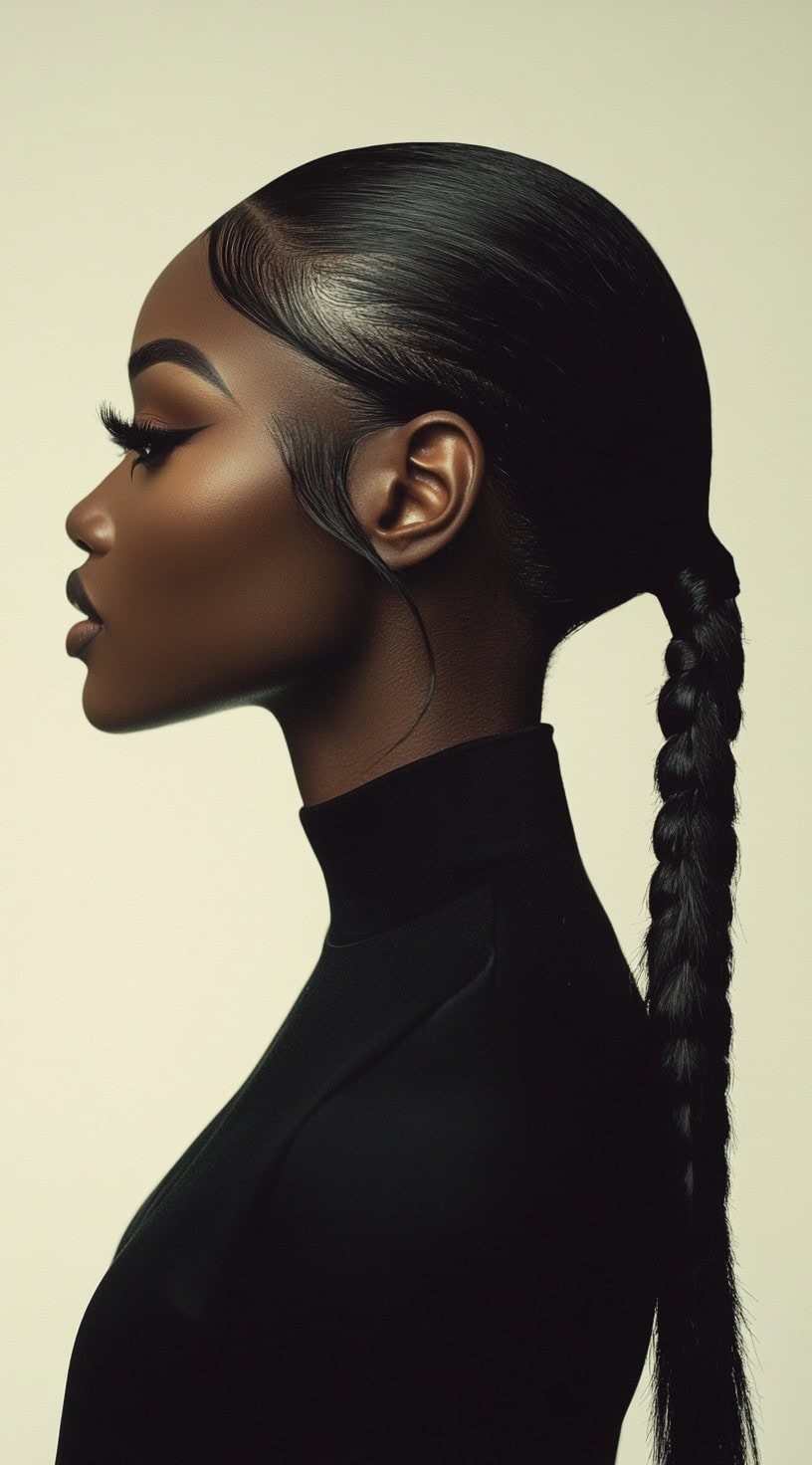 Side profile of a woman with a long, sleek braided ponytail and laid edges.