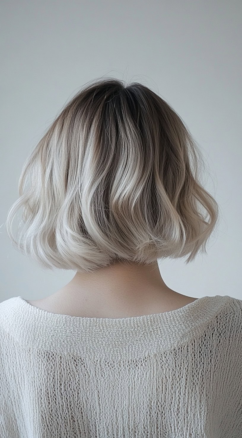 A back view of a sleek blonde bob with subtle silver highlights adding shine and dimension.