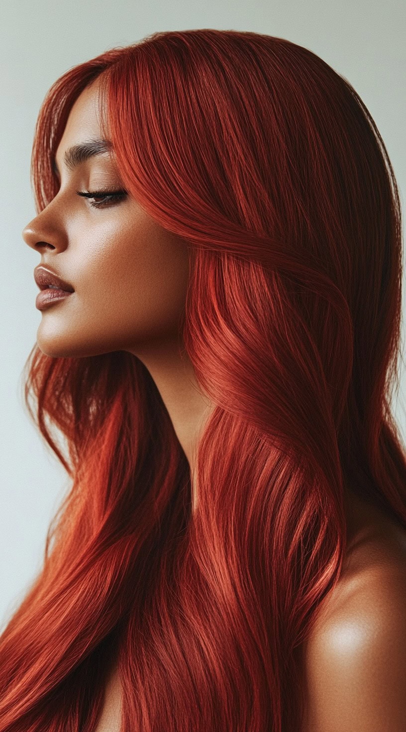 Smooth, sleek copper-red hair cascading down the side of a woman with brown skin.