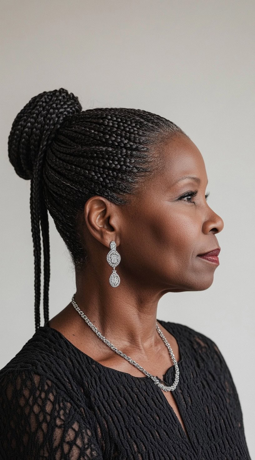 This image shows a woman with sleek micro braids styled into a high, elegant bun.