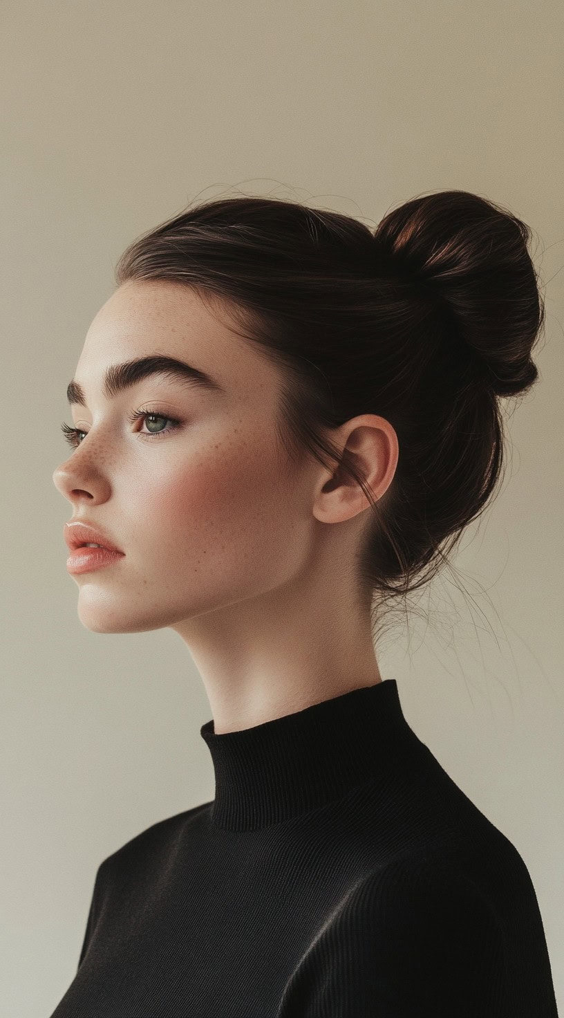 A woman with her hair pulled back into a sleek high bun with a smooth finish.