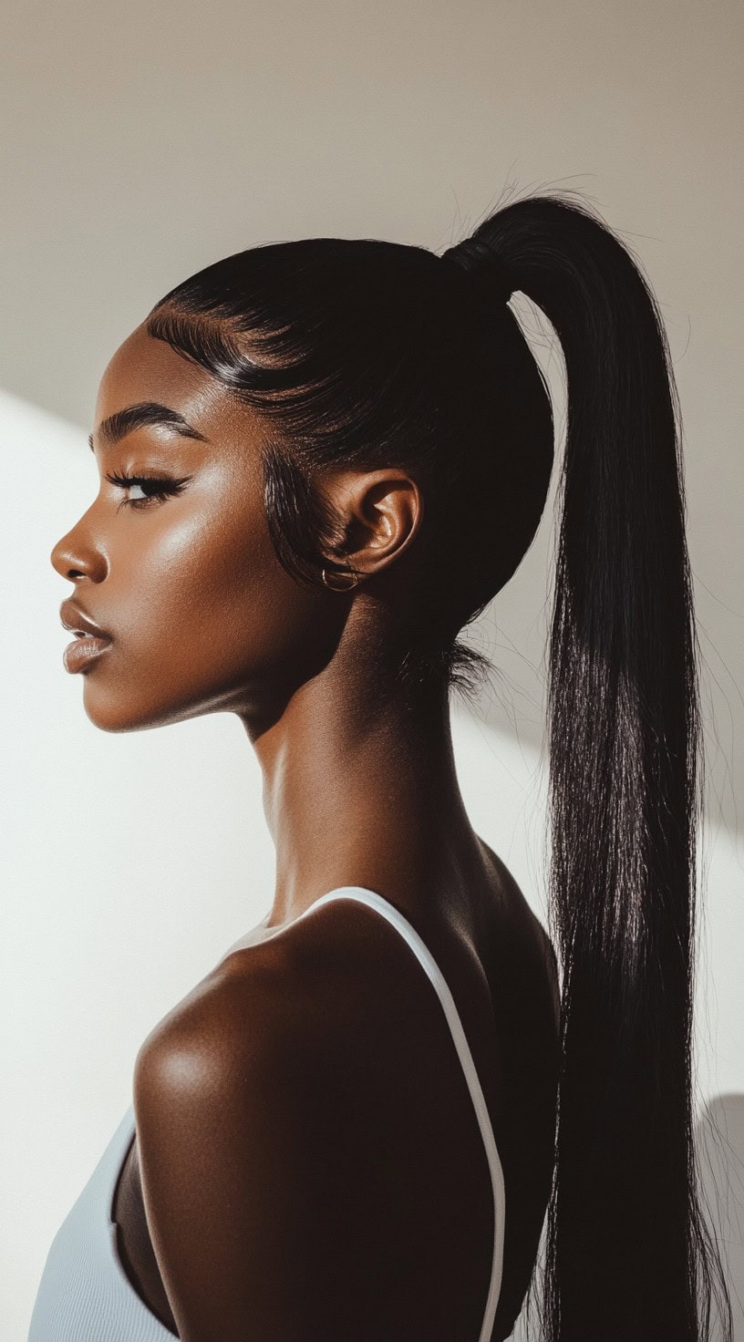 Side profile of a woman with a long, sleek high ponytail and sculpted baby hairs.