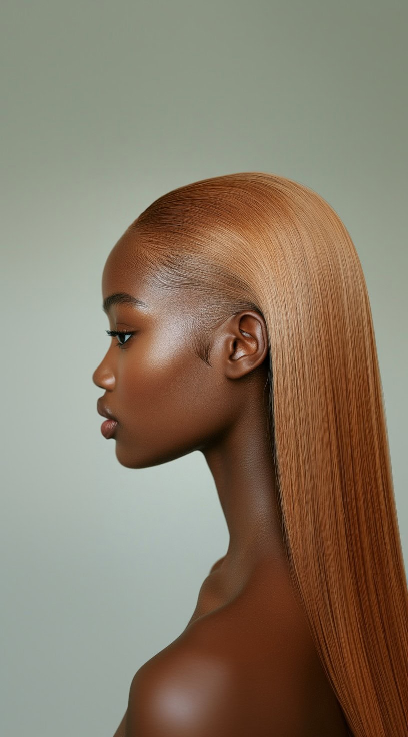 Sleek, honey blonde straight hair on a brown-skinned woman in profile.