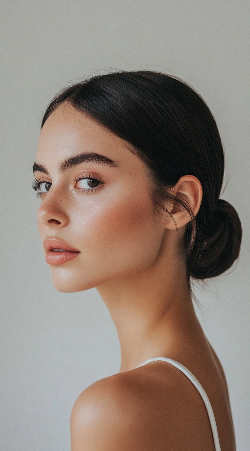 A woman with a sleek low bun, parted in the middle for a clean, sophisticated look.