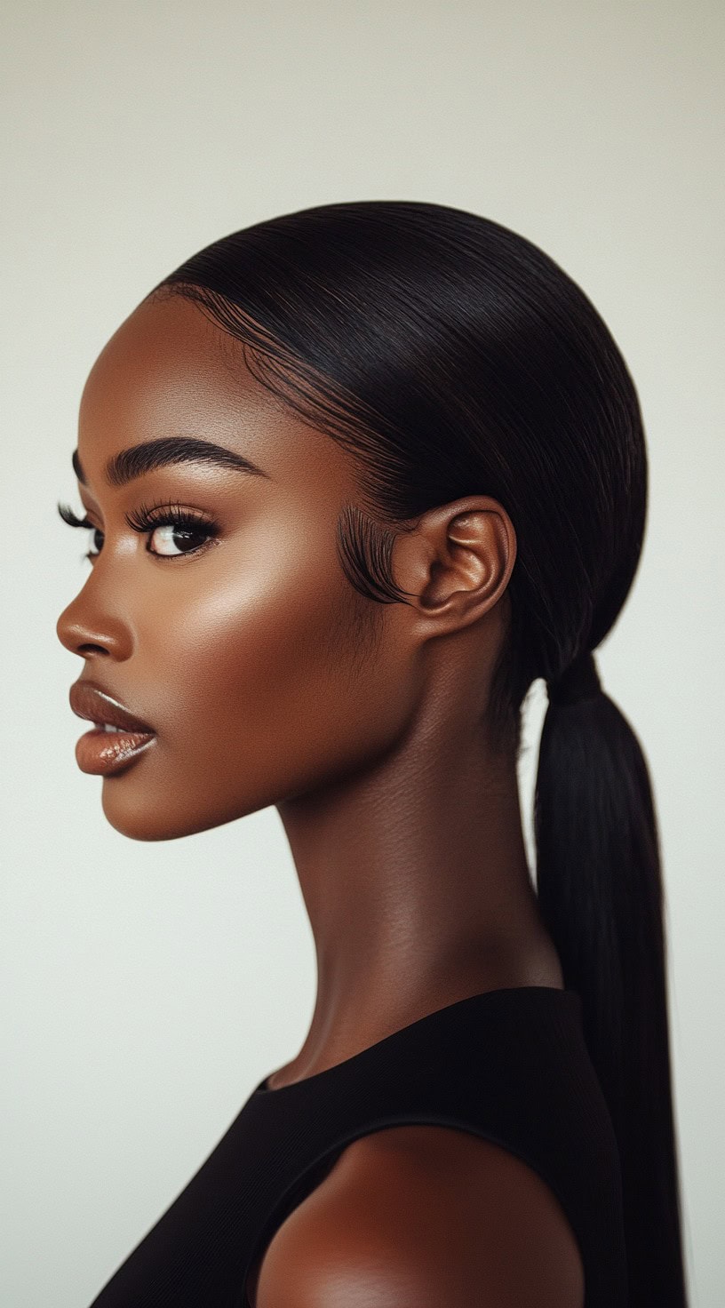 Side profile of a woman with a sleek low ponytail and sculpted baby hairs.