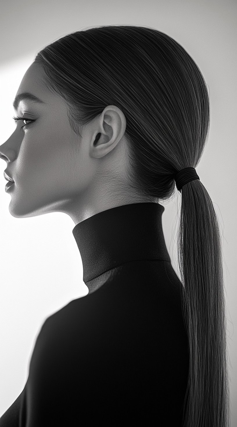 A woman with a sleek, low ponytail pulled back tightly for a smooth finish.