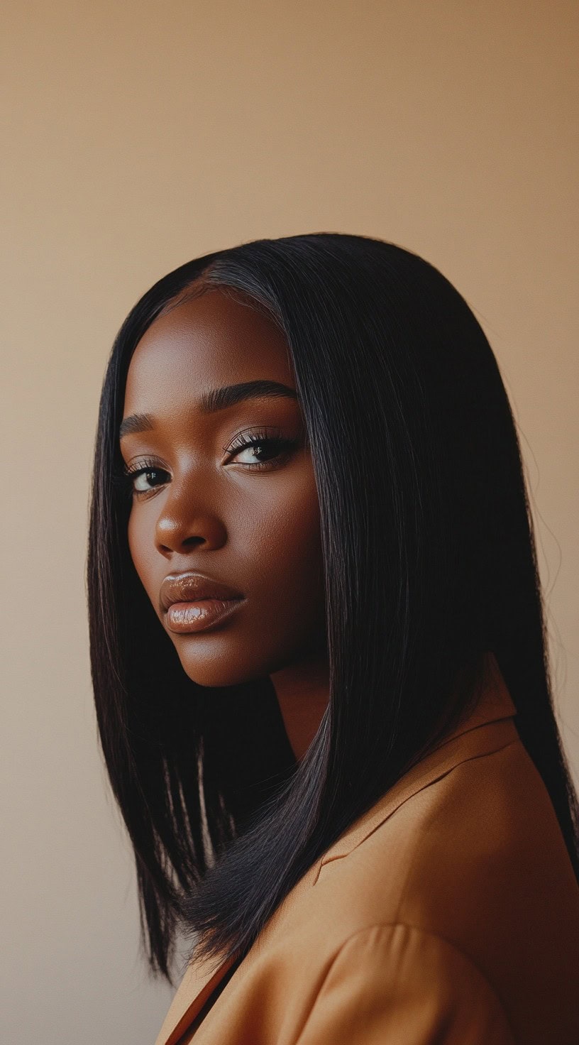 Close-up of a woman with a sleek middle-parted straight bob hairstyle.