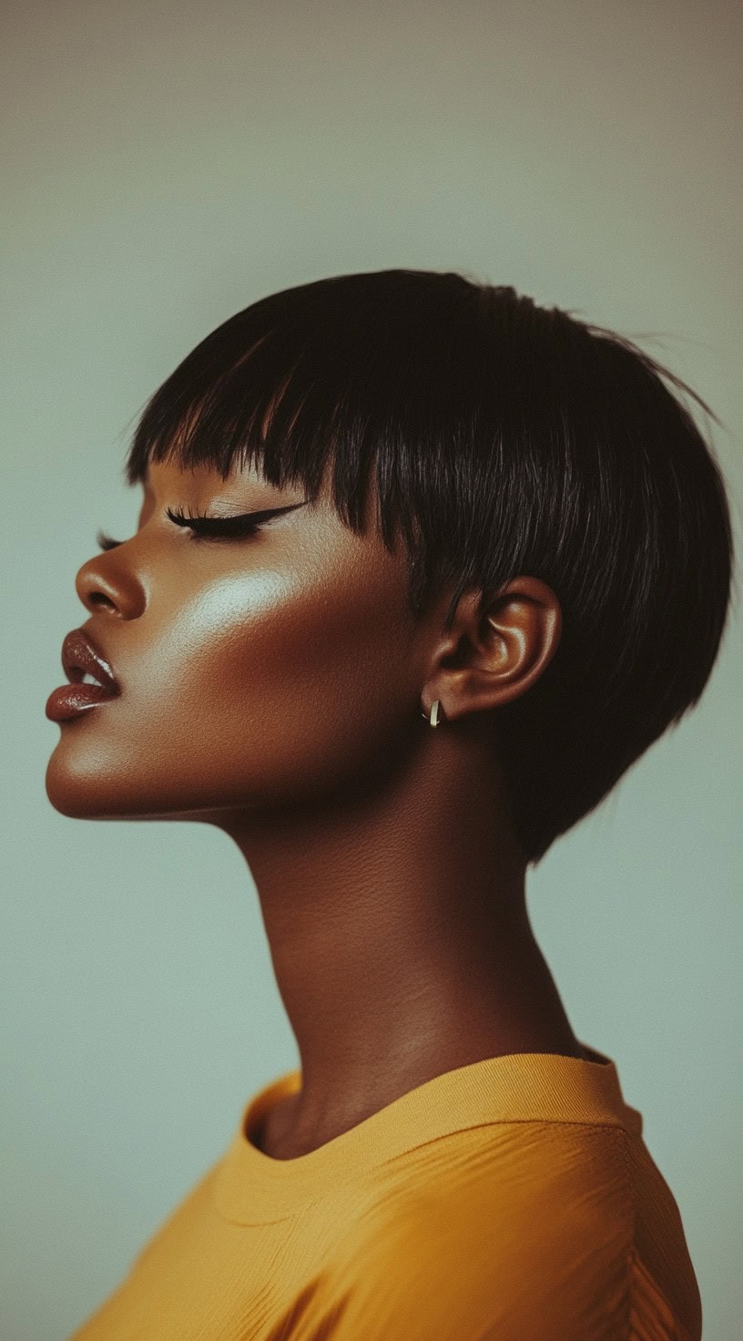 Side profile view of a woman with a sleek pixie cut featuring blunt, straight-across bangs.