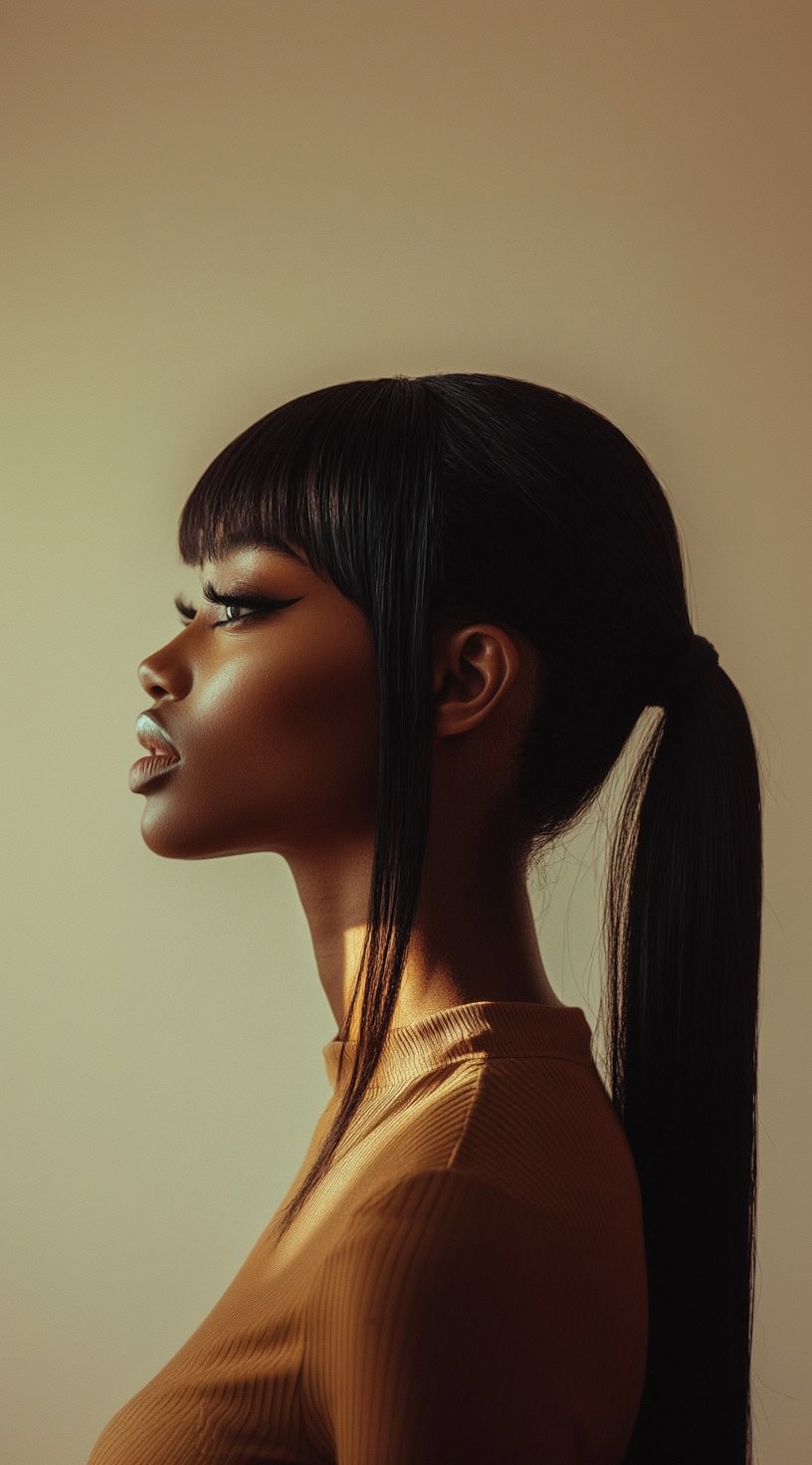 Side profile of a woman with a sleek ponytail and straight, full bangs.