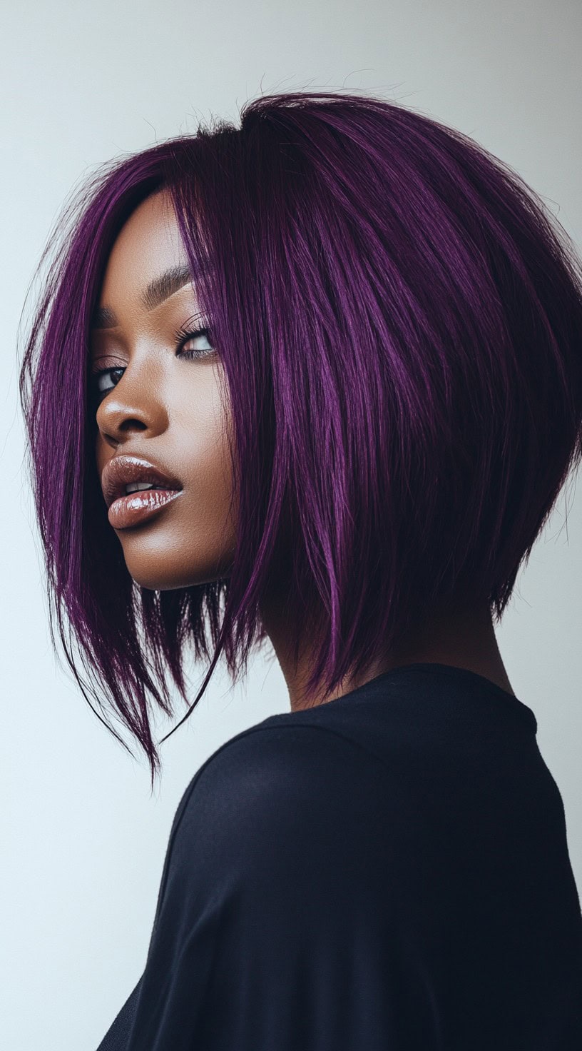 Side profile of a woman with a sleek, asymmetrical bob in a bold purple color.