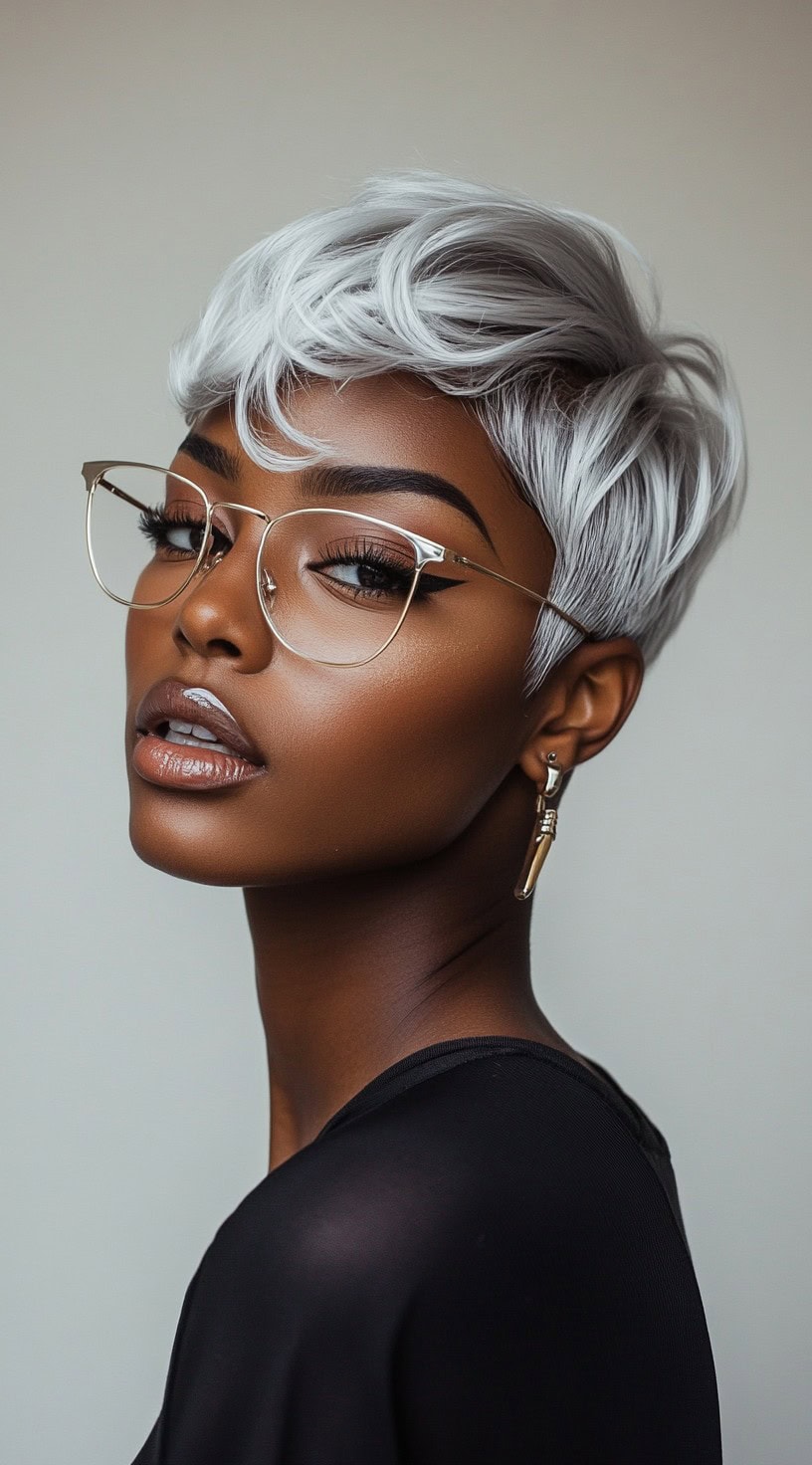 A woman with a chic, silver pixie cut featuring soft waves and a sleek finish, wearing glasses and gold earrings.