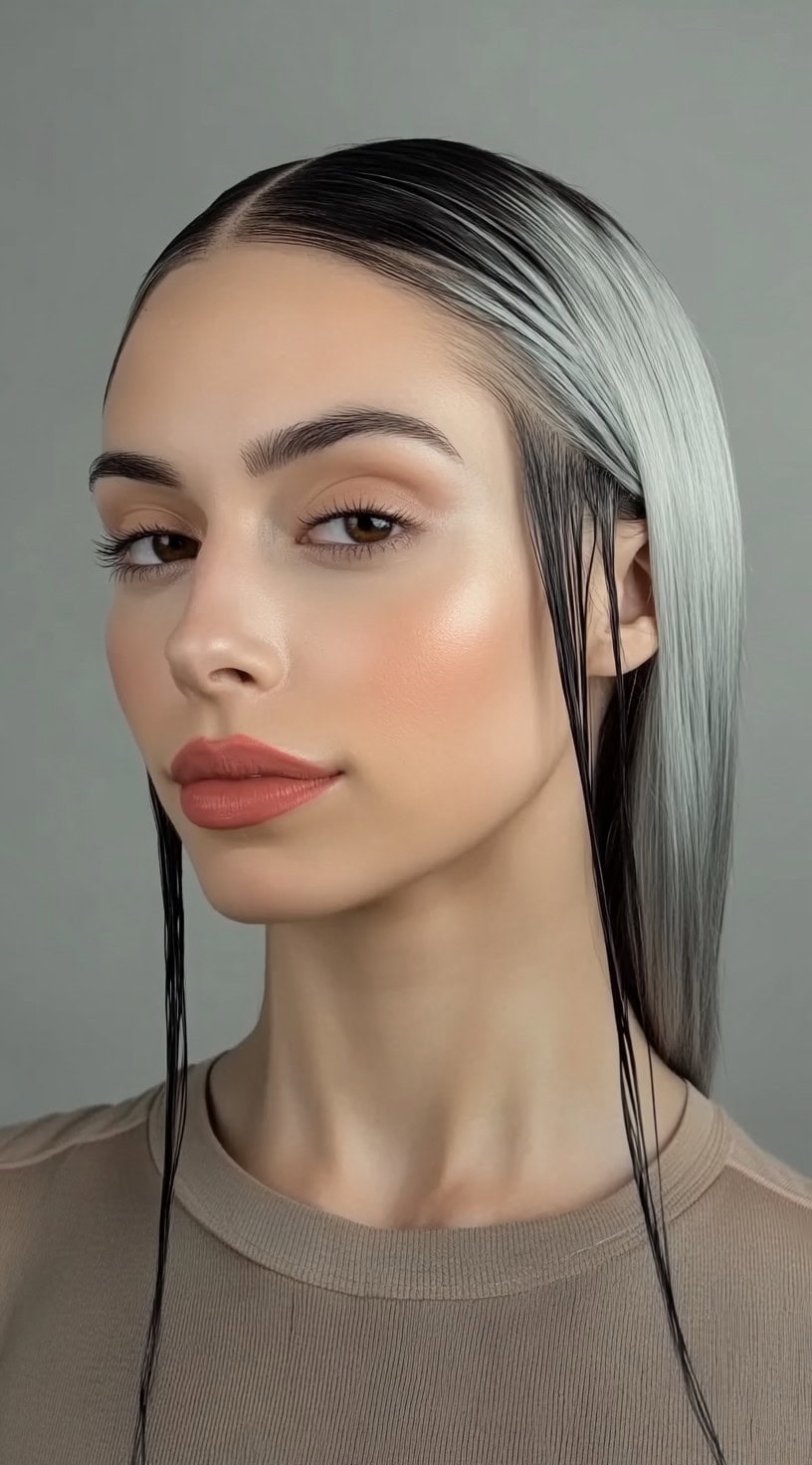 A woman with a sleek, silver-toned wet-look hairstyle, featuring face-framing strands.