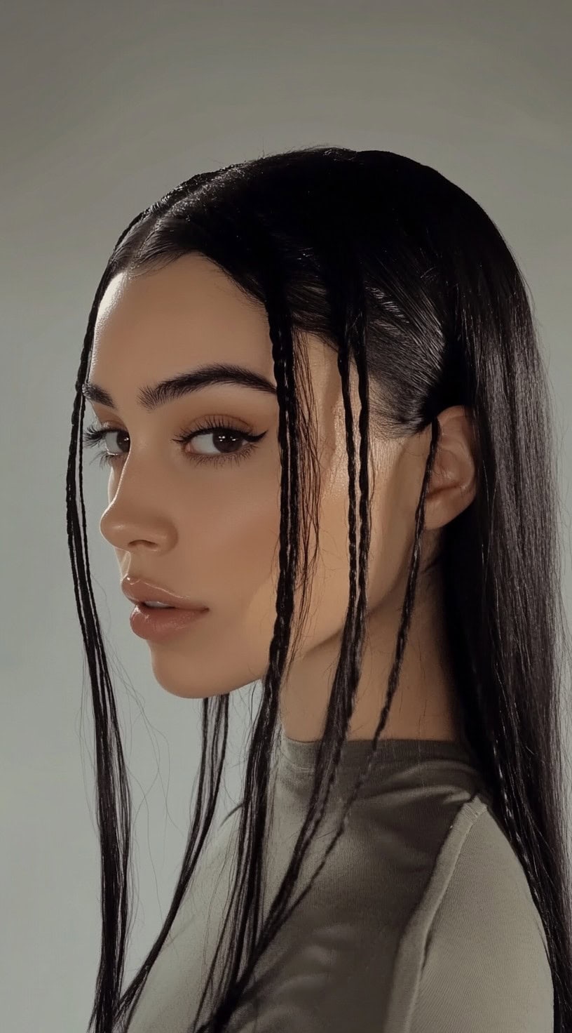 A woman with long, sleek straight hair, featuring small, intricate braids framing her face.