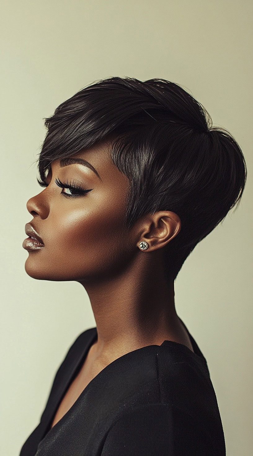 Sleek side profile view of a woman with a short, tapered pixie cut and a long side bang.