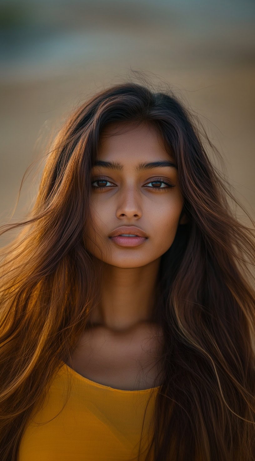 Close-up image of a woman with long, soft waves of auburn hair flowing naturally around her face.