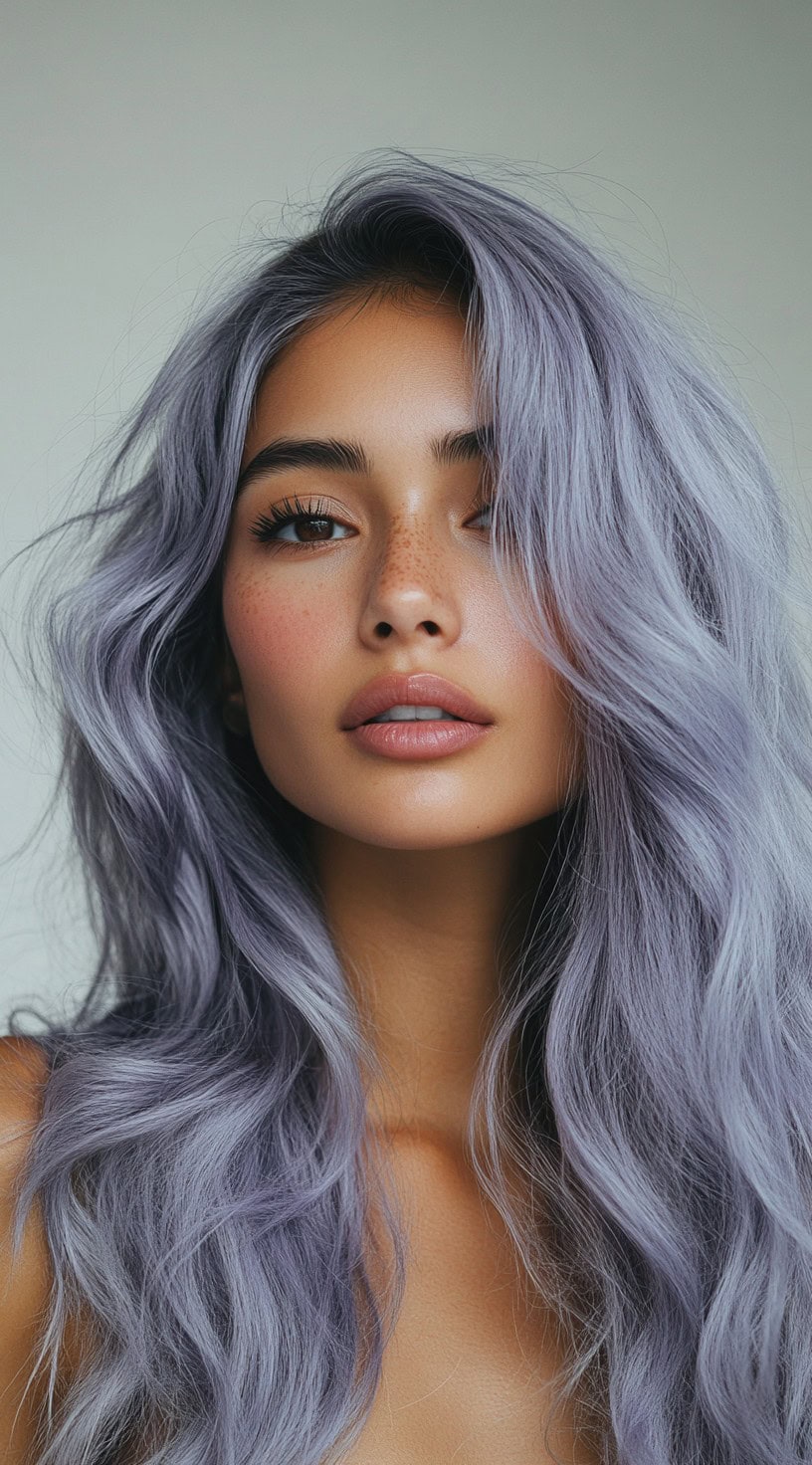 Soft lavender hair cascading in loose waves, framing the face of a woman with brown skin.