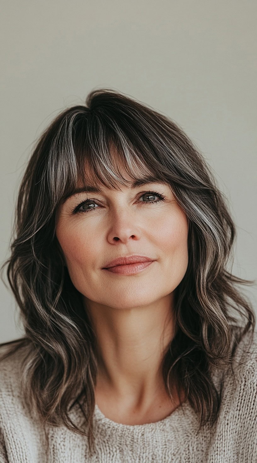 A portrait of soft brown waves with silver highlights and face-framing bangs.