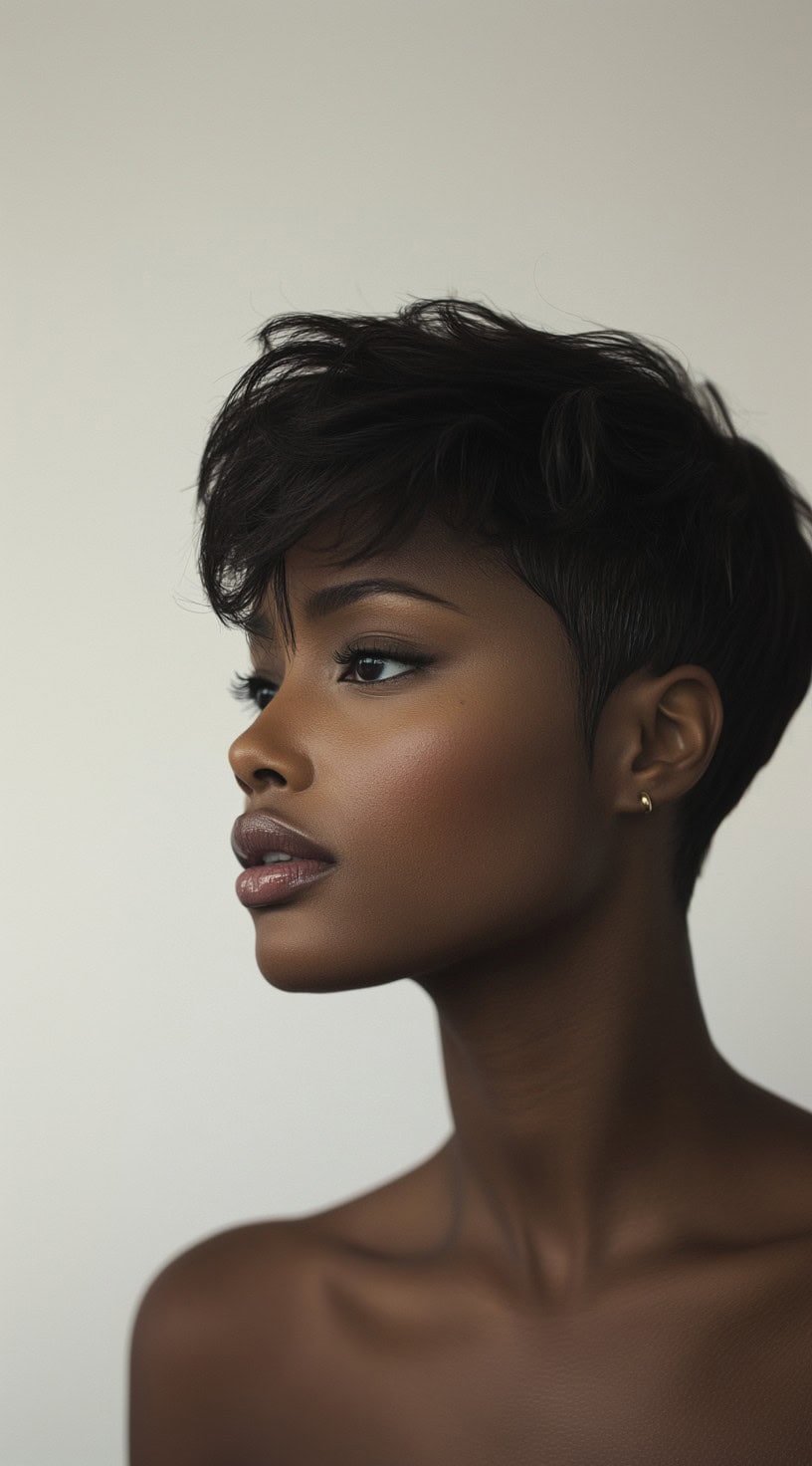 Side profile view of a woman with a soft wavy pixie cut, styled in loose waves for added texture.