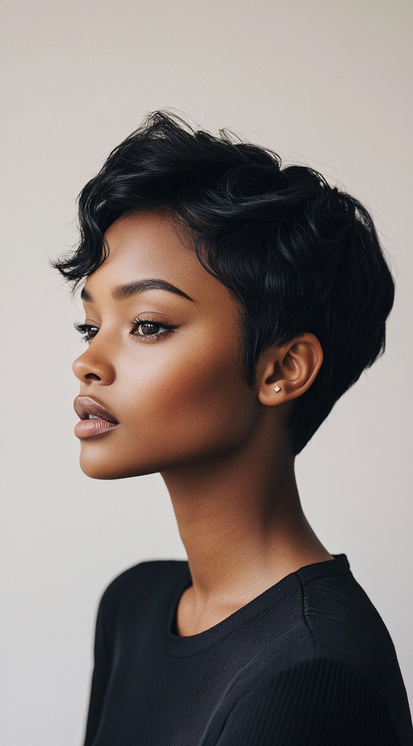 Side profile view of a woman with a soft, wavy pixie cut and a deep side part.