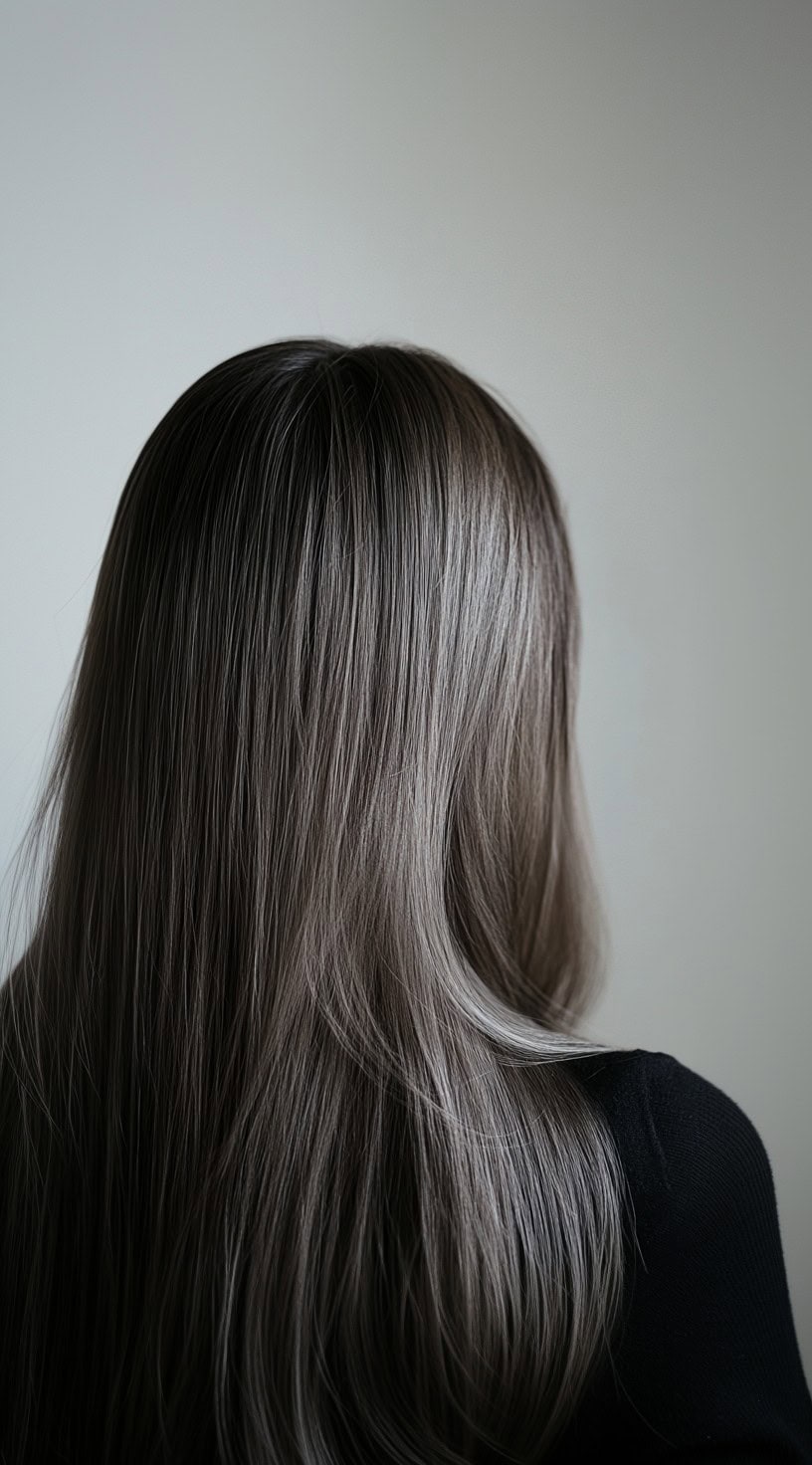 A back view of straight brown hair featuring fine silver babylights blended throughout.