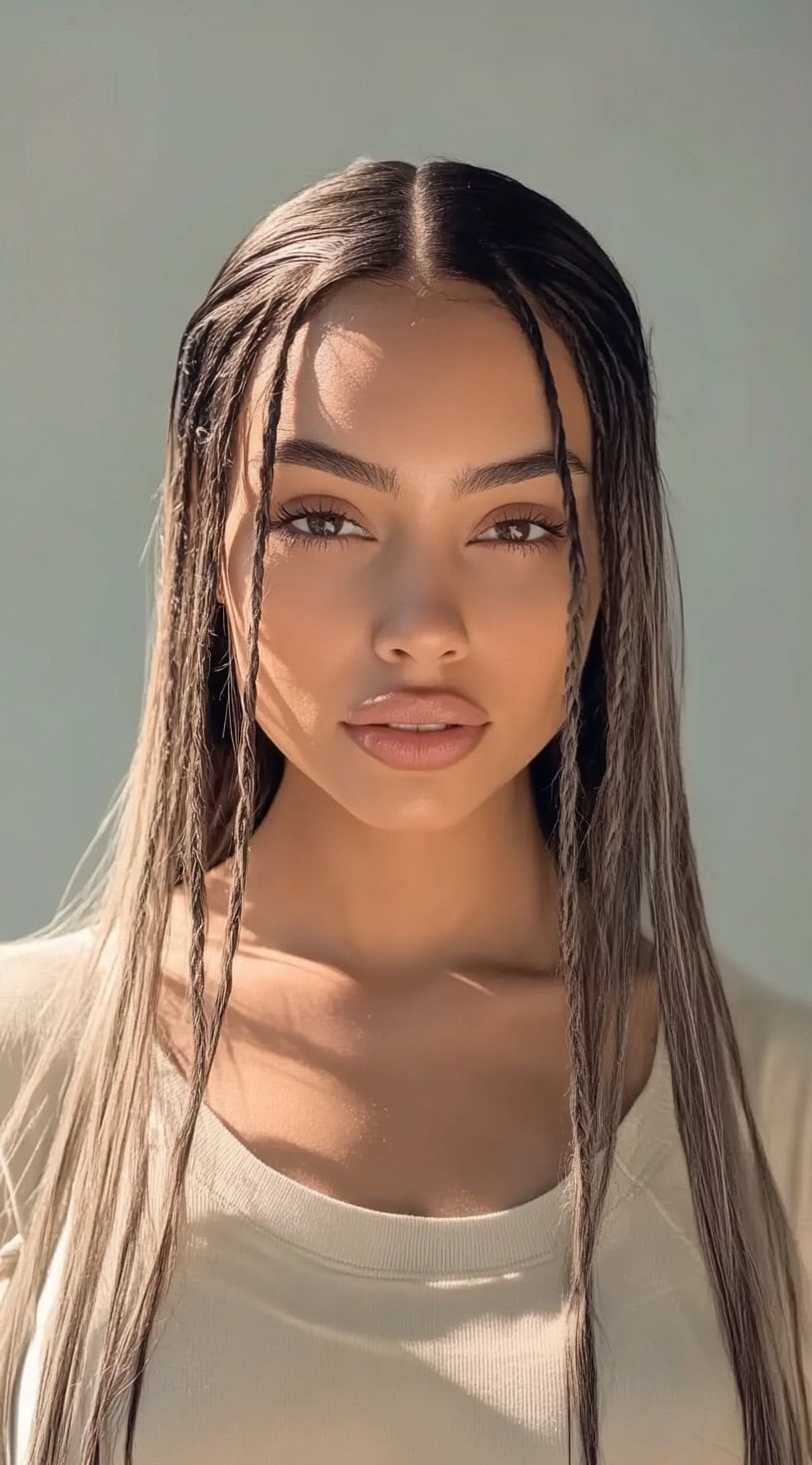 Front-facing shot of a woman with straight hair styled with micro braids framing her face.