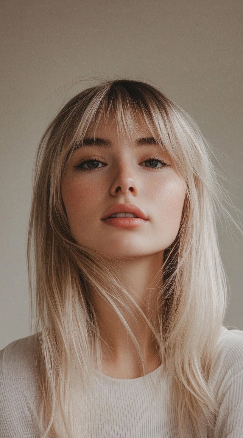 A woman with long straight hair and curtain bangs gently framing her face.