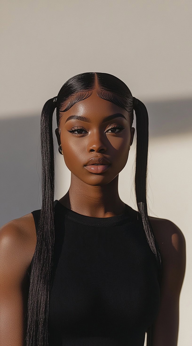 Front-facing image of a woman with two sleek ponytails and sculpted baby hairs.