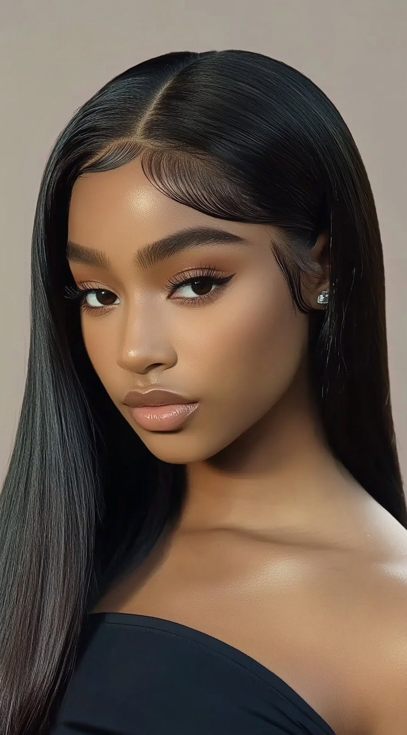 Close-up of a woman with super sleek straight hair styled with a deep side part and laid edges.