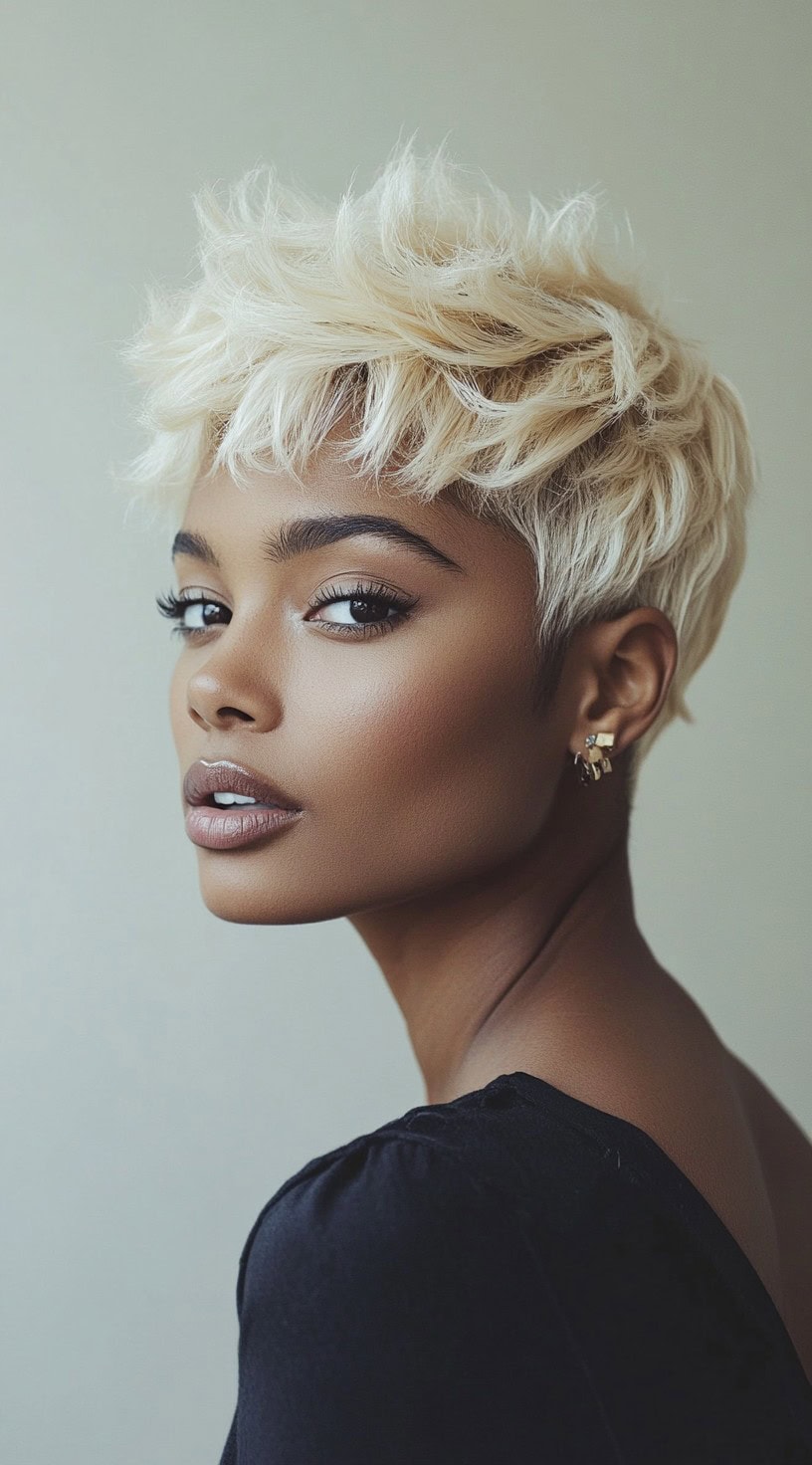 Side profile view of a woman with a textured blonde pixie, styled with volume and tousled layers.