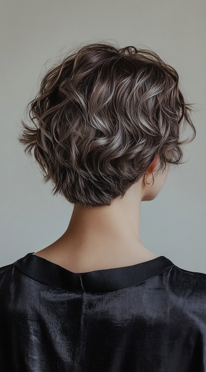 A back view of a textured brown pixie cut with silver highlights enhancing the layers.