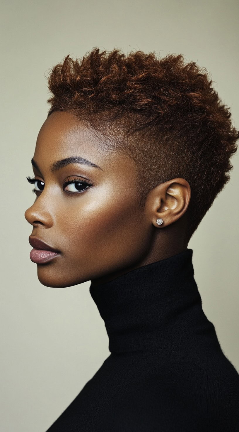 Side profile view of a woman with a short, textured, natural pixie cut with a sharp tapered fade.