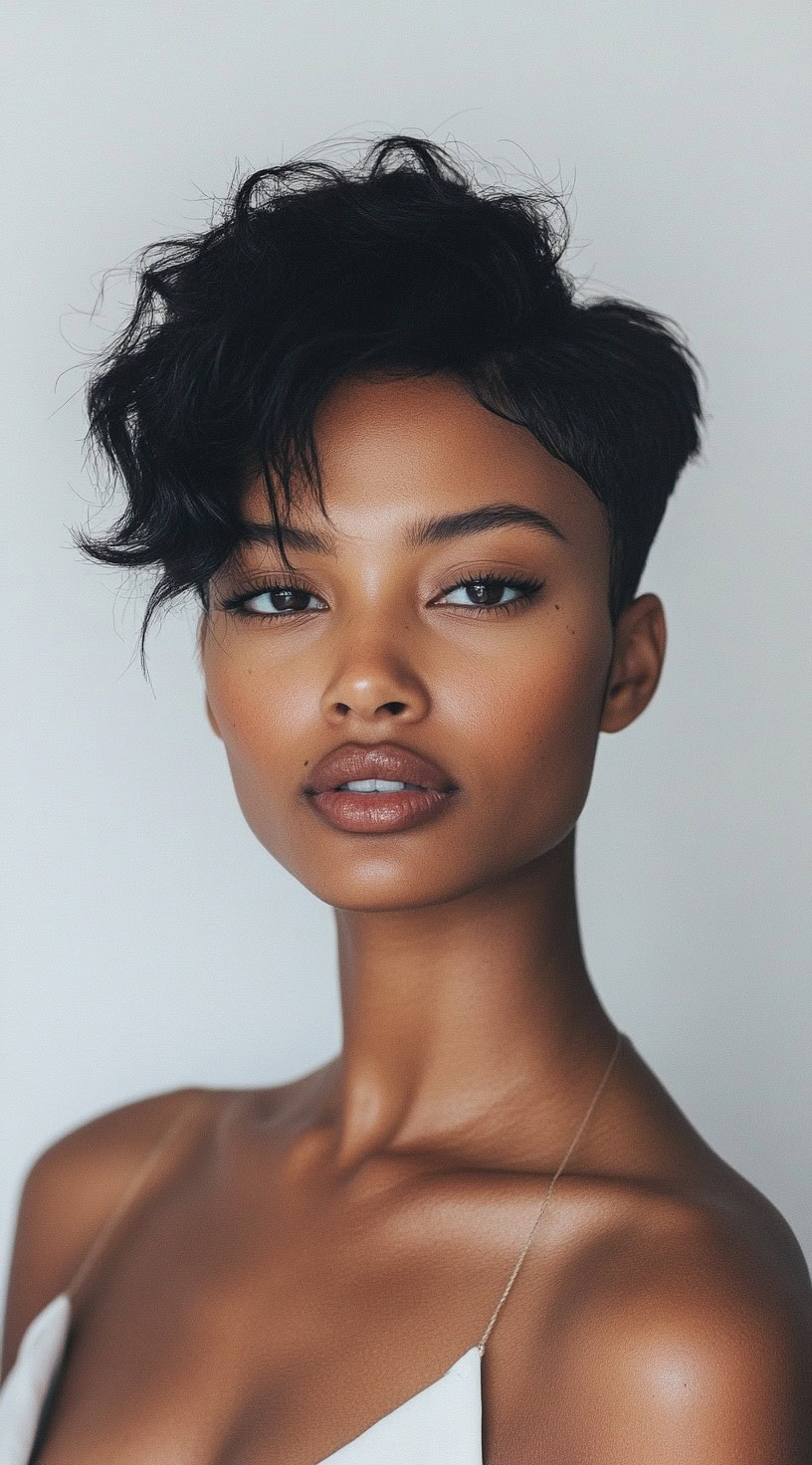 Front-facing view of a woman with a tousled pixie cut featuring soft waves and side-swept fringe.