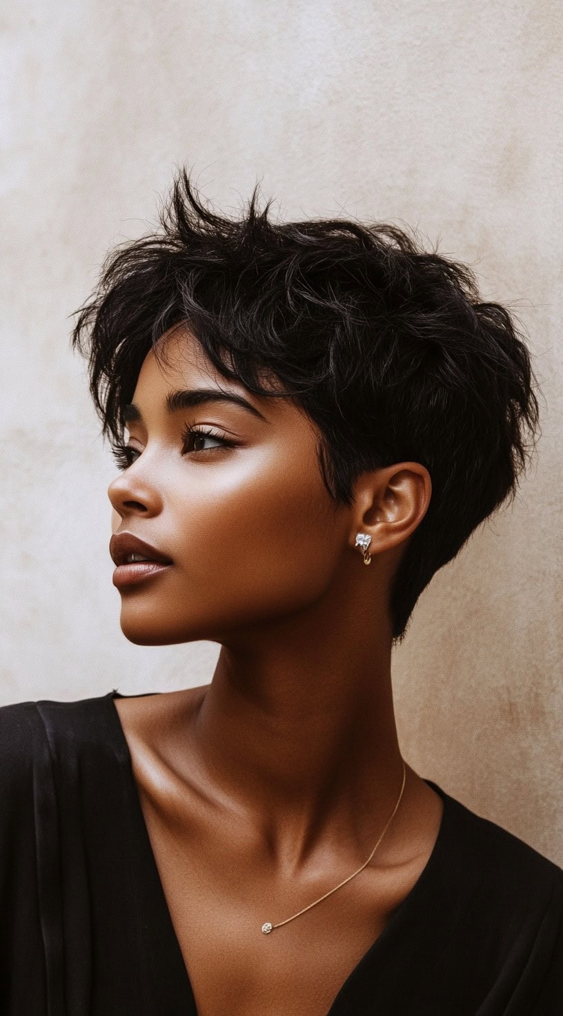 Side profile view of a woman with a tousled, voluminous pixie cut.