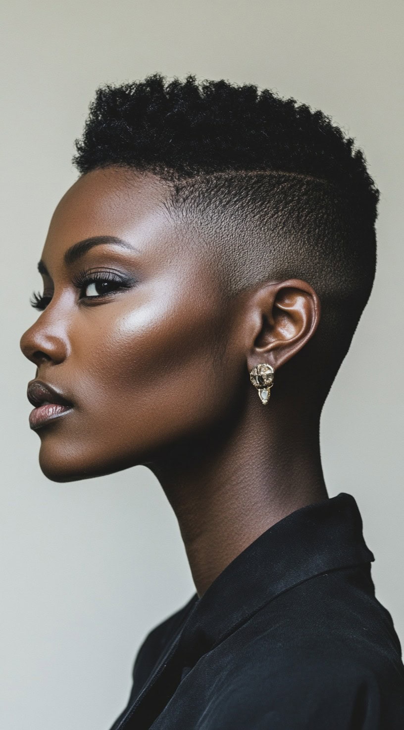 Side profile view of a woman with an ultra-short fade and defined curls on top.