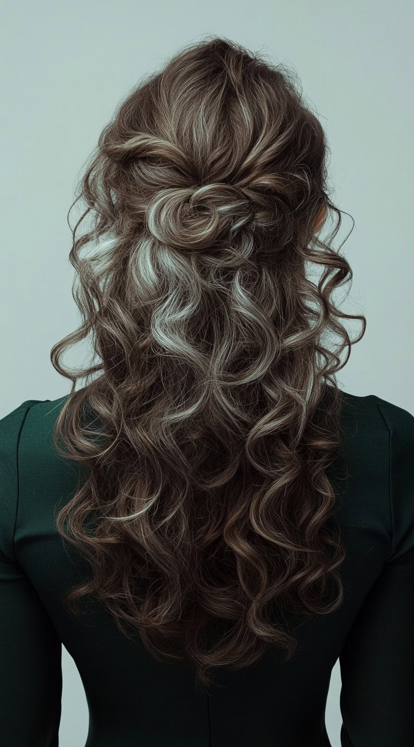 A back view of curly brown hair with silver highlights enhancing the volume and texture.