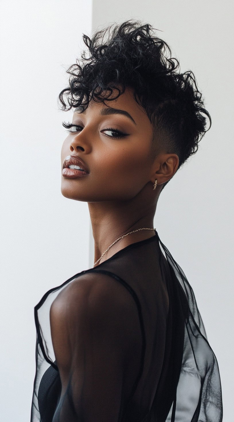 Side profile view of a woman with a voluminous curly pixie, featuring an undercut for added edge.