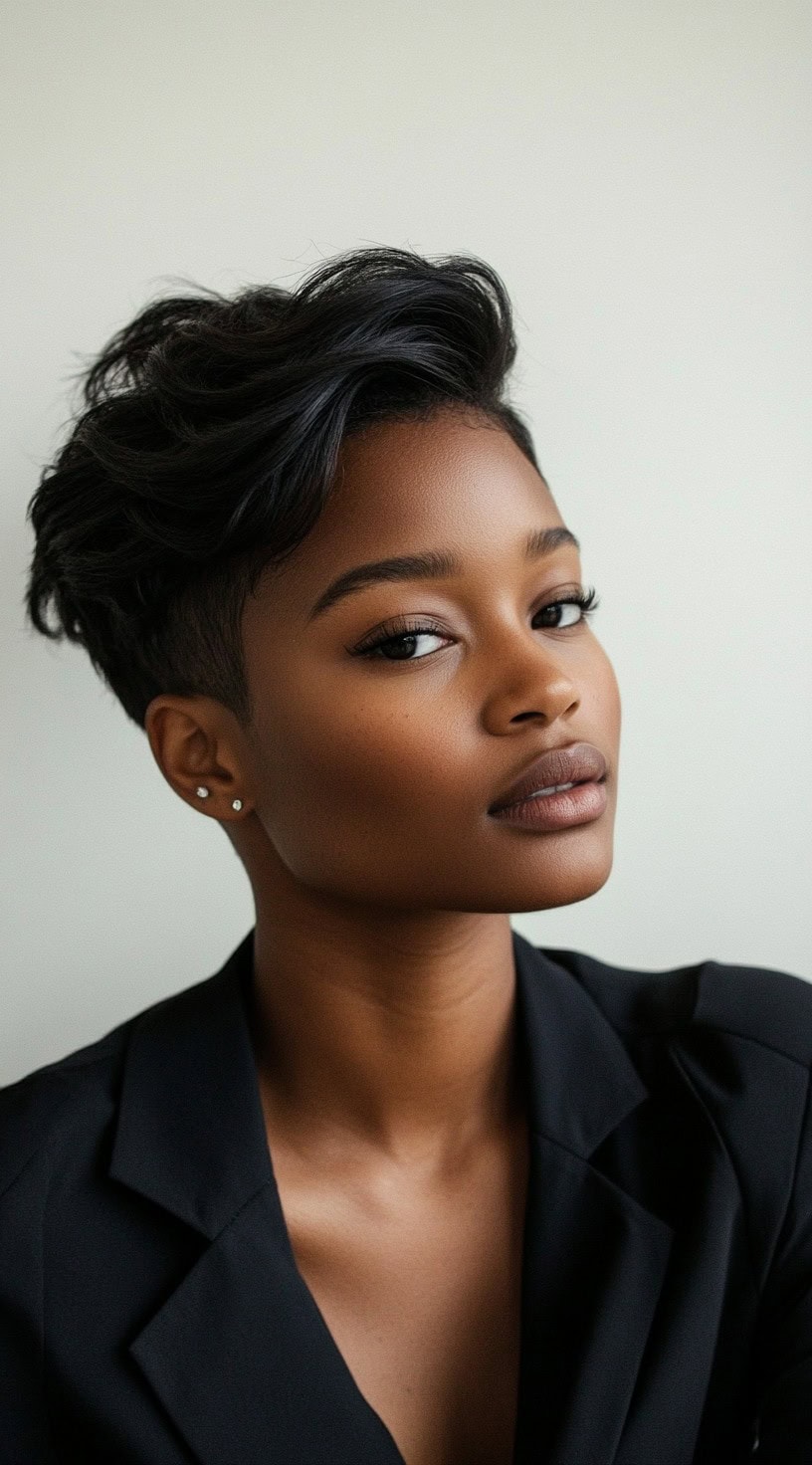 Front-facing view of a woman with a voluminous pixie cut and a subtle undercut.