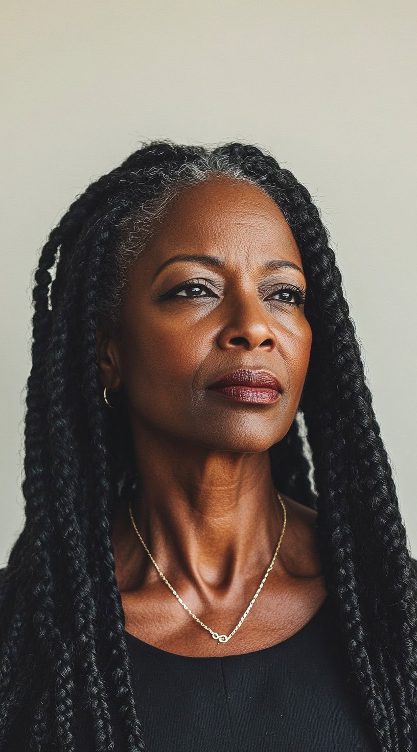 This image shows a woman with long, waist-length box braids featuring subtle gray strands.