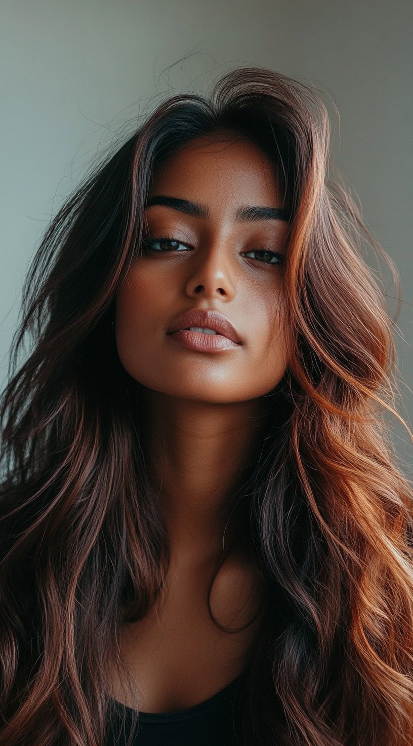 Warm chestnut-colored, wavy hair on a brown-skinned woman.