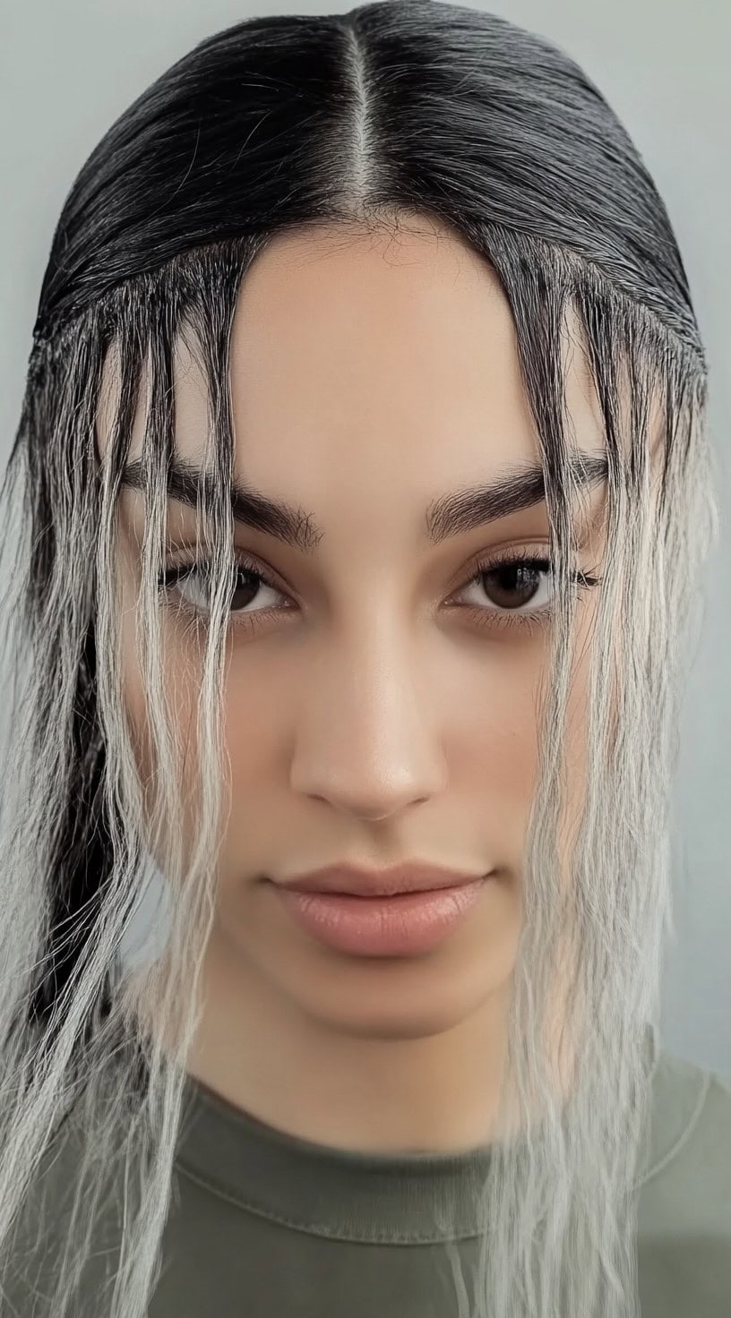 Close-up of a woman with a sleek wet-look middle part hairstyle.