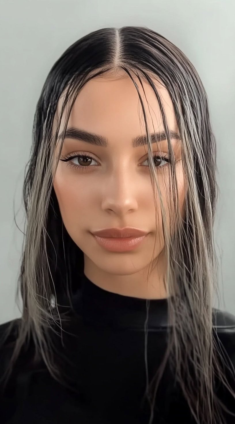 A woman with straight, shoulder-length hair styled in a wet look with a defined middle part.