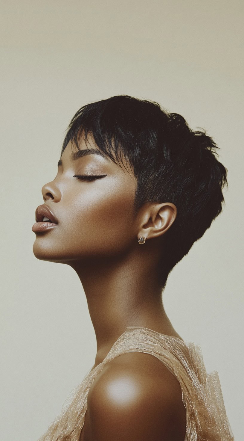 Close-up of a woman with a short, wispy layered pixie cut styled with feathered layers and a slight fringe.